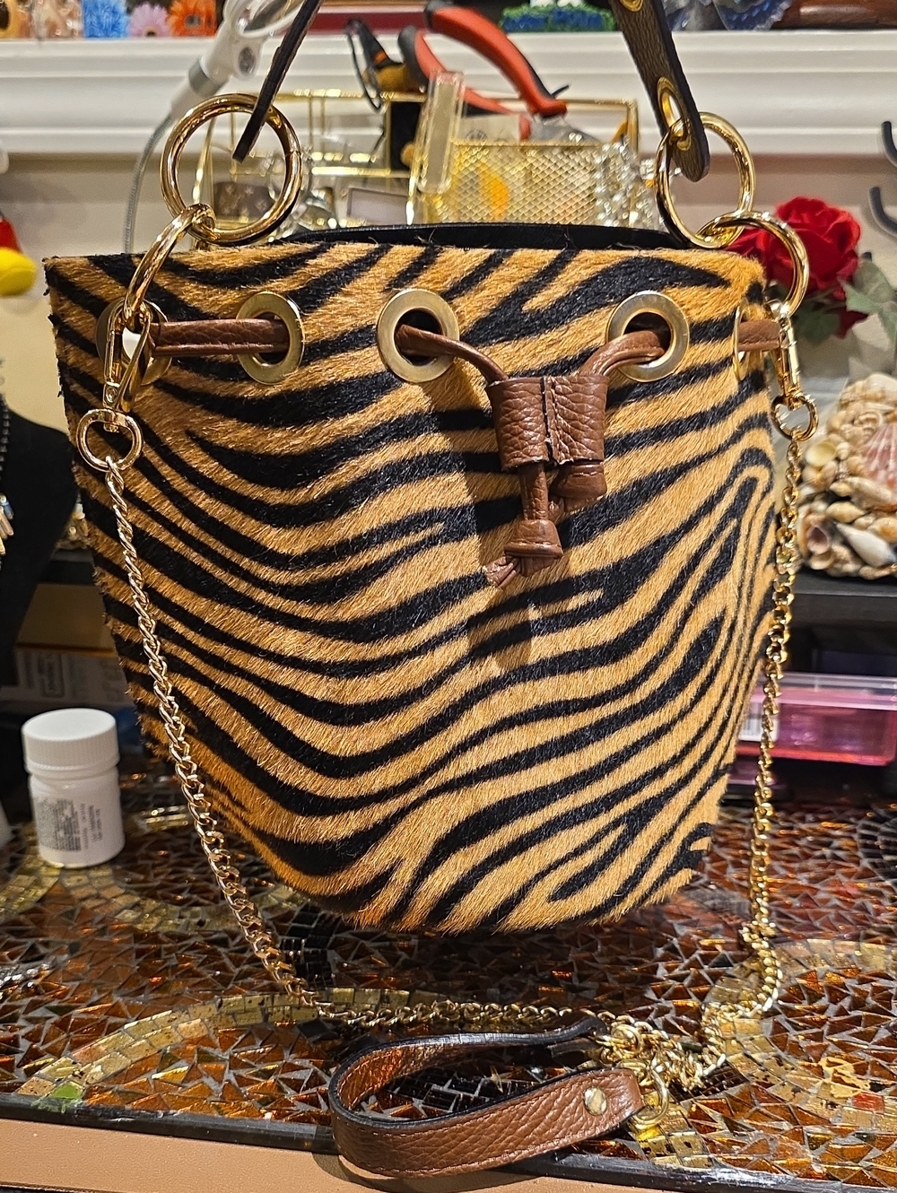Tiger-Print Crossbody Bucket Bag with Gold Chain